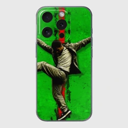 Чехол для iPhone 15 Pro Max силиконовый с защитой камеры Брейк-данс на зеленом