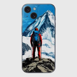Чехол для iPhone 15 силиконовый с защитой камеры Альпинизм на синем