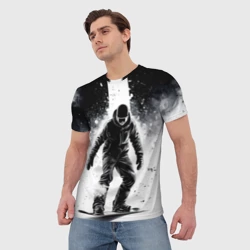 Мужская футболка 3D Сноубординг в черном дыму - фото 2