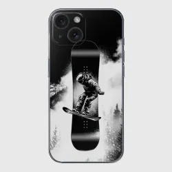 Чехол для iPhone 15 силиконовый с защитой камеры Сноубординг в черно-белом