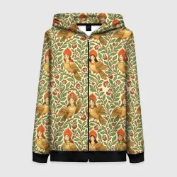 Женская толстовка 3D на молнии Птицы сирин на ветках