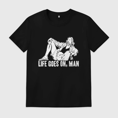 Мужская футболка хлопок с принтом Big Lebowski - жизнь продолжается мужик, вид спереди #2