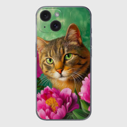 Чехол для iPhone 15 силиконовый с защитой камеры Кошка и розовые пионы на зеленом фоне - живопись