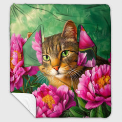 Плед с рукавами Кошка и розовые пионы на зеленом фоне - живопись