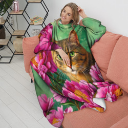 Плед с рукавами Кошка и розовые пионы на зеленом фоне - живопись - фото 2