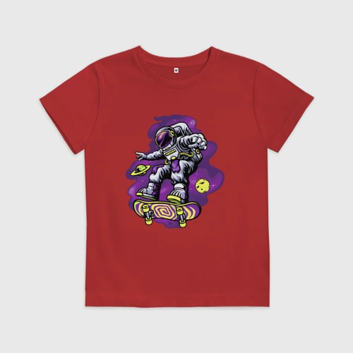 Детская футболка хлопок с принтом Space skateboarding, вид спереди #2
