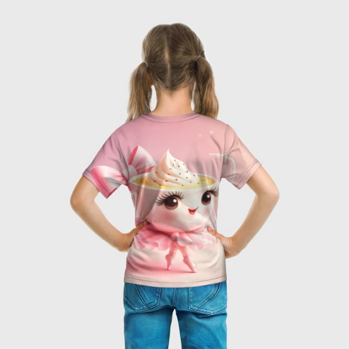 Детская футболка 3D с принтом Балерина капучино розовый, вид сзади #2