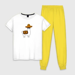 Женская пижама с белой футболкой хлопок Лама в Сомбреро мексиканская