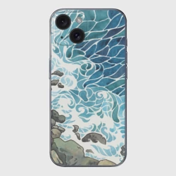 Чехол для iPhone 15 силиконовый с защитой камеры Море акварель с волнами