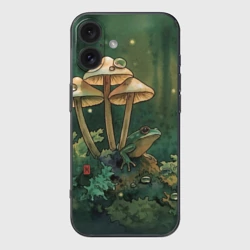 Чехол для iPhone 16 силиконовый с защитой камеры Акварельная лягушка в грибах