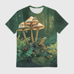 Мужская футболка 3D Акварельная лягушка в грибах