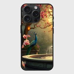 Чехол силиконовый для Apple iPhone 15 Pro матовый Павлин у фонтана