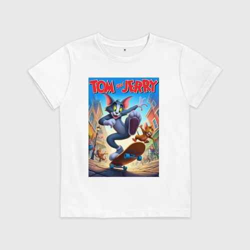 Детская футболка хлопок с принтом Том и Джерри городские скейтбордисты, вид спереди #2