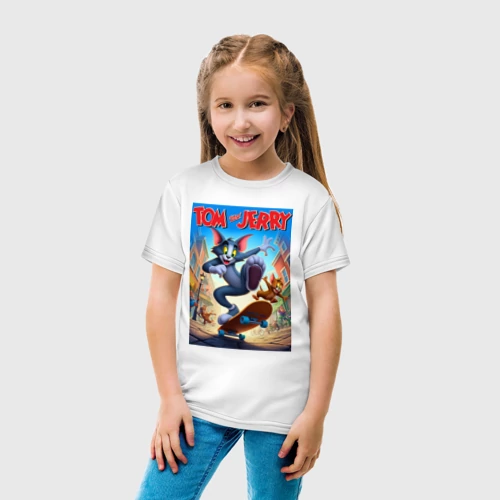 Детская футболка хлопок с принтом Том и Джерри городские скейтбордисты, фото на моделе #1