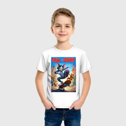Детская футболка хлопок с принтом Том и Джерри городские скейтбордисты, вид сбоку #3