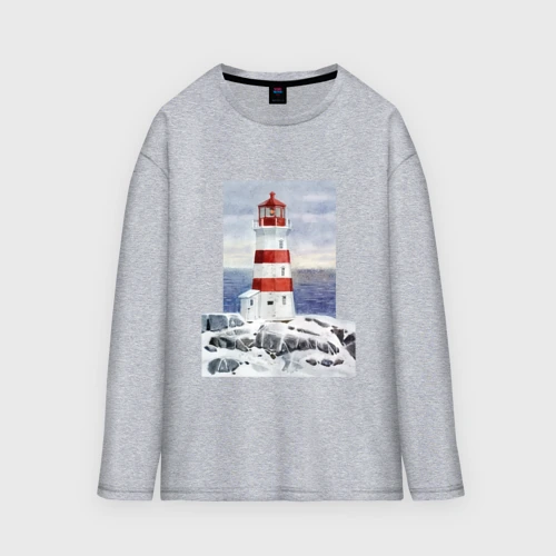 Мужской лонгслив oversize хлопок Маяк на берегу моря на скале