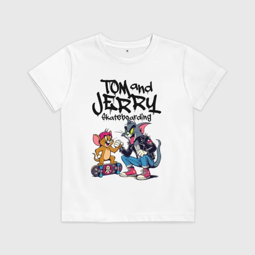 Детская футболка хлопок с принтом Tom and Jerry - skateboarding, вид спереди #2