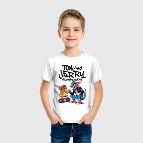 Детская футболка хлопок с принтом Tom and Jerry - skateboarding, вид сбоку #3
