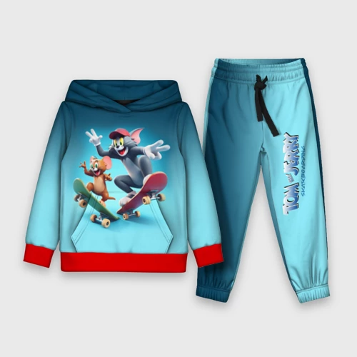 Детский костюм с толстовкой с принтом Cкейтбордисты Том и Джерри - экстрим, вид спереди #2