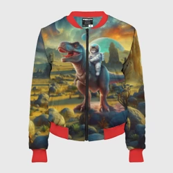 Женский бомбер 3D Кот космонавт верхом на тираннозавре - нейроарт