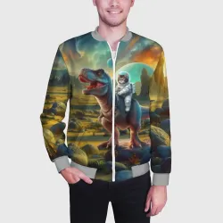 Мужской бомбер 3D Кот космонавт верхом на тираннозавре - нейроарт - фото 2