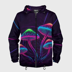 Мужская ветровка 3D Неоновые грибы и лучи на темном фоне