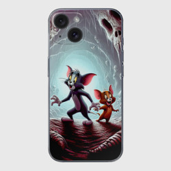 Чехол для iPhone 15 силиконовый с защитой камеры Том и Джерри в пещере ужасов - хэллоуин