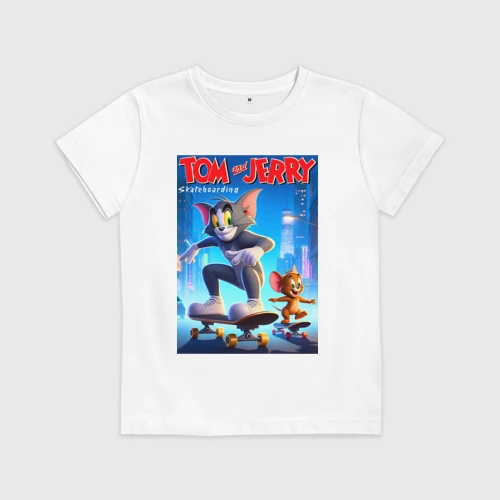 Детская футболка хлопок с принтом Tom and Jerry - skateboarding fantasy, вид спереди #2