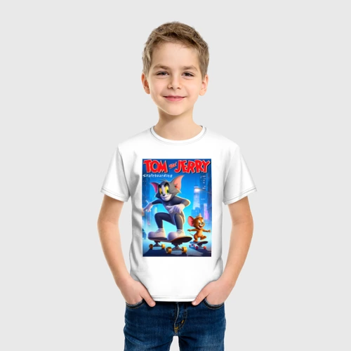 Детская футболка хлопок с принтом Tom and Jerry - skateboarding fantasy, вид сбоку #3