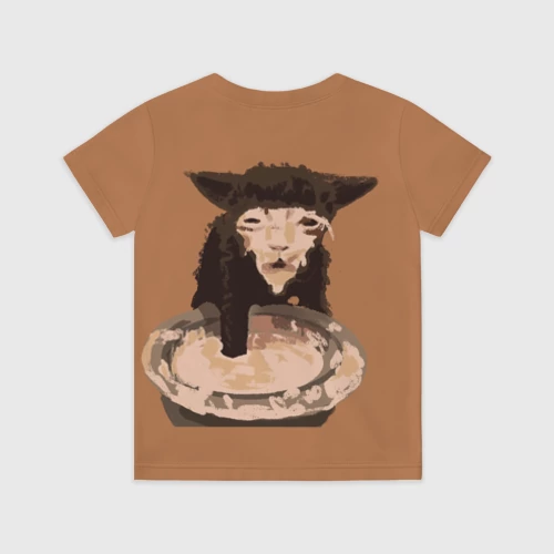 Детская футболка 3D с принтом Котик кушает мем, вид сзади #1