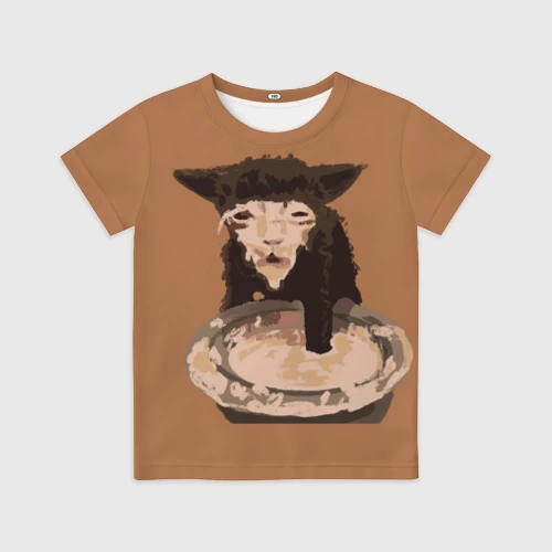 Детская футболка 3D с принтом Котик кушает мем, вид спереди #2