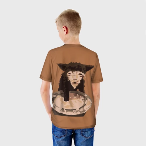 Детская футболка 3D с принтом Котик кушает мем, вид сзади #2