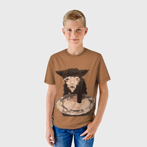 Детская футболка 3D с принтом Котик кушает мем, фото на моделе #1