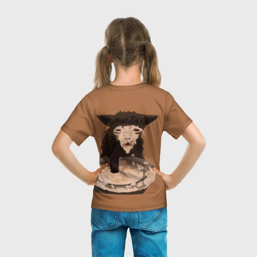 Детская футболка 3D с принтом Котик кушает мем, вид сзади #2