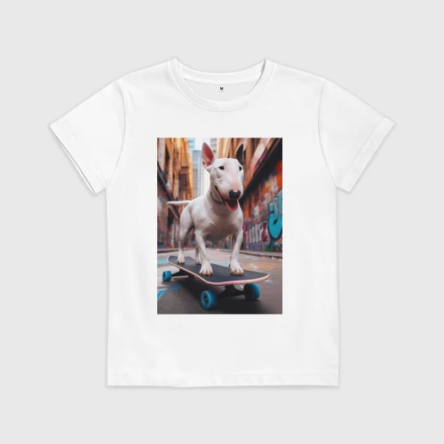 Детская футболка хлопок с принтом Крутой бультерьер на скейтборде, вид спереди #2