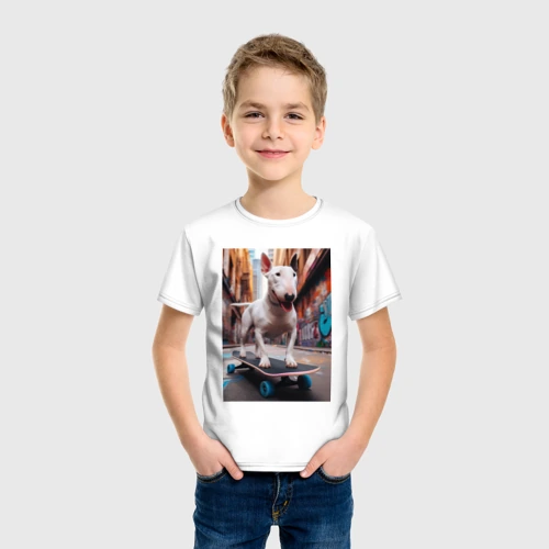 Детская футболка хлопок с принтом Крутой бультерьер на скейтборде, вид сбоку #3