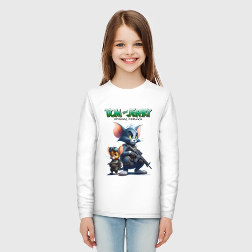 Детский лонгслив хлопок с принтом Том и Джерри - спецназ, вид сбоку #3