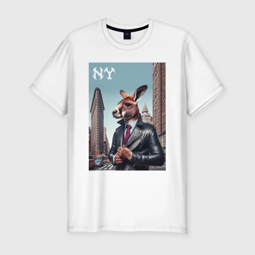 Мужская футболка хлопок Slim Kangaroo fashionista at the Flatiron building in New York - ai art