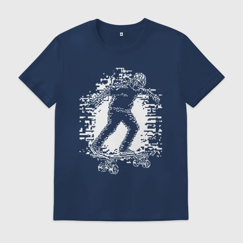 Мужская футболка хлопок с принтом Скейтбордист в пикселях, вид спереди #2