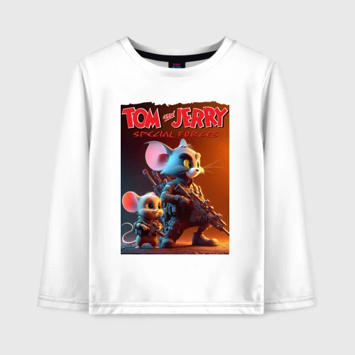 Детский лонгслив хлопок с принтом Спецназовцы Том и Джерри - нейроарт, вид спереди #2