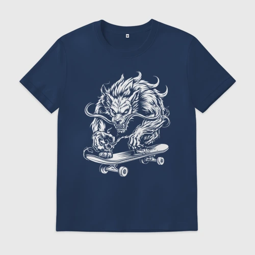 Мужская футболка хлопок с принтом Скейтбордист-оборотень, вид спереди #2