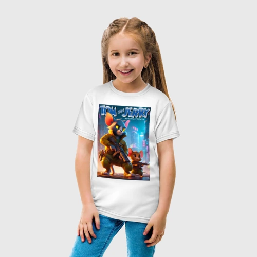 Детская футболка хлопок с принтом Спецназовцы Джерри и том - неоновый мегаполис, фото на моделе #1