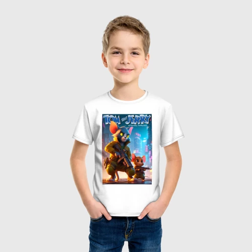 Детская футболка хлопок с принтом Спецназовцы Джерри и том - неоновый мегаполис, вид сбоку #3