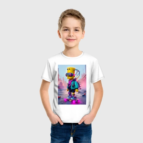 Детская футболка хлопок с принтом Барт Симпсон на скейтборде - киберпанк, вид сбоку #3