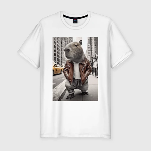 Мужская футболка хлопок Slim Trendy capybara on the streets of New York