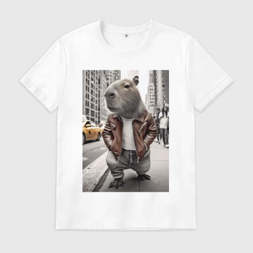 Мужская футболка хлопок Trendy capybara on the streets of New York