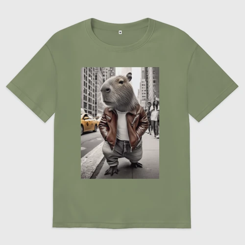 Мужская футболка хлопок Oversize Trendy capybara on the streets of New York
