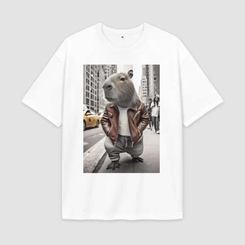 Мужская футболка Oversize хлопок premium Trendy capybara on the streets of New York