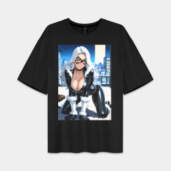 Мужская футболка Oversize хлопок premium Черная кошка Фелиция на крыше в мегаполисе