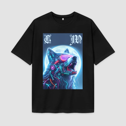 Мужская футболка Oversize хлопок premium Cyber wolf - ai art